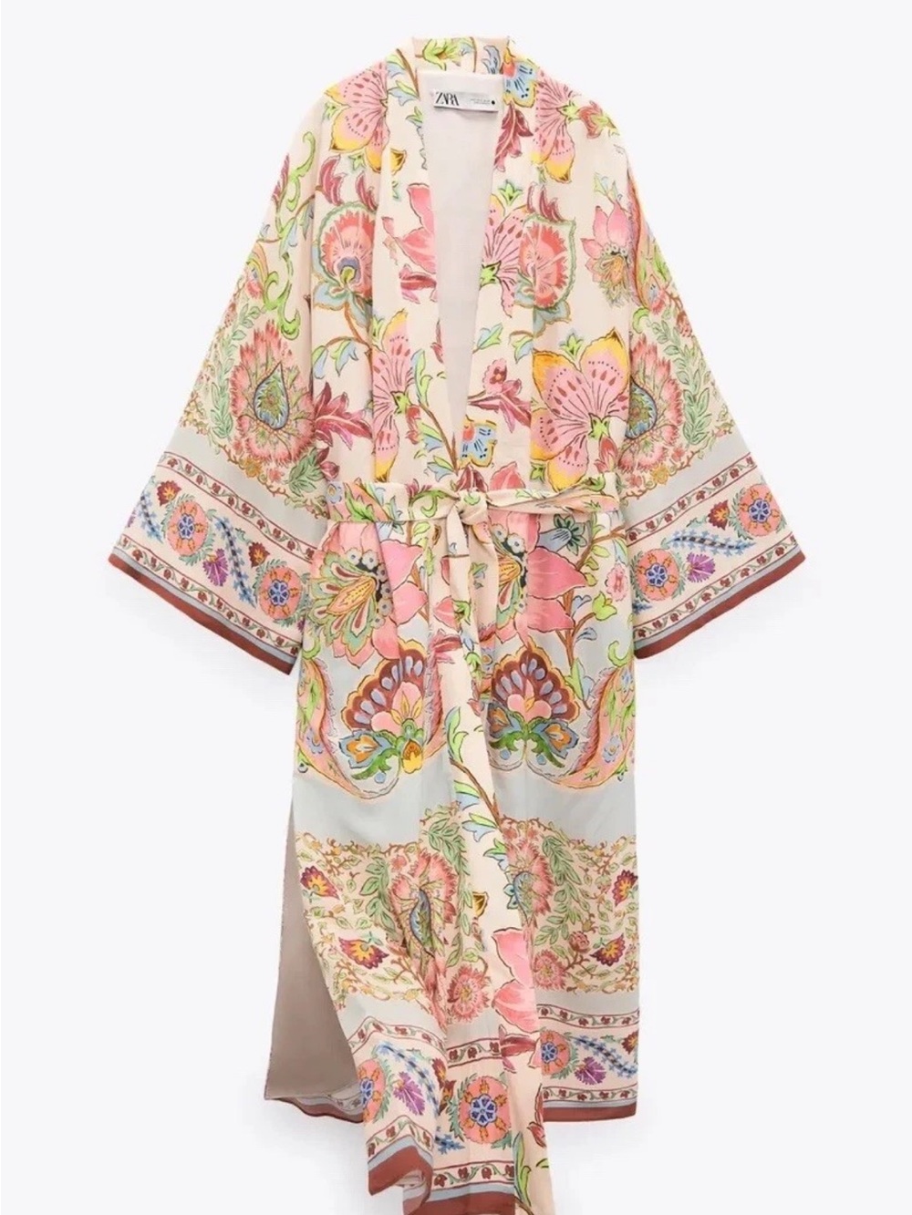ZARA Floral Print Long Kimono Coat in Pastel Pink, one size